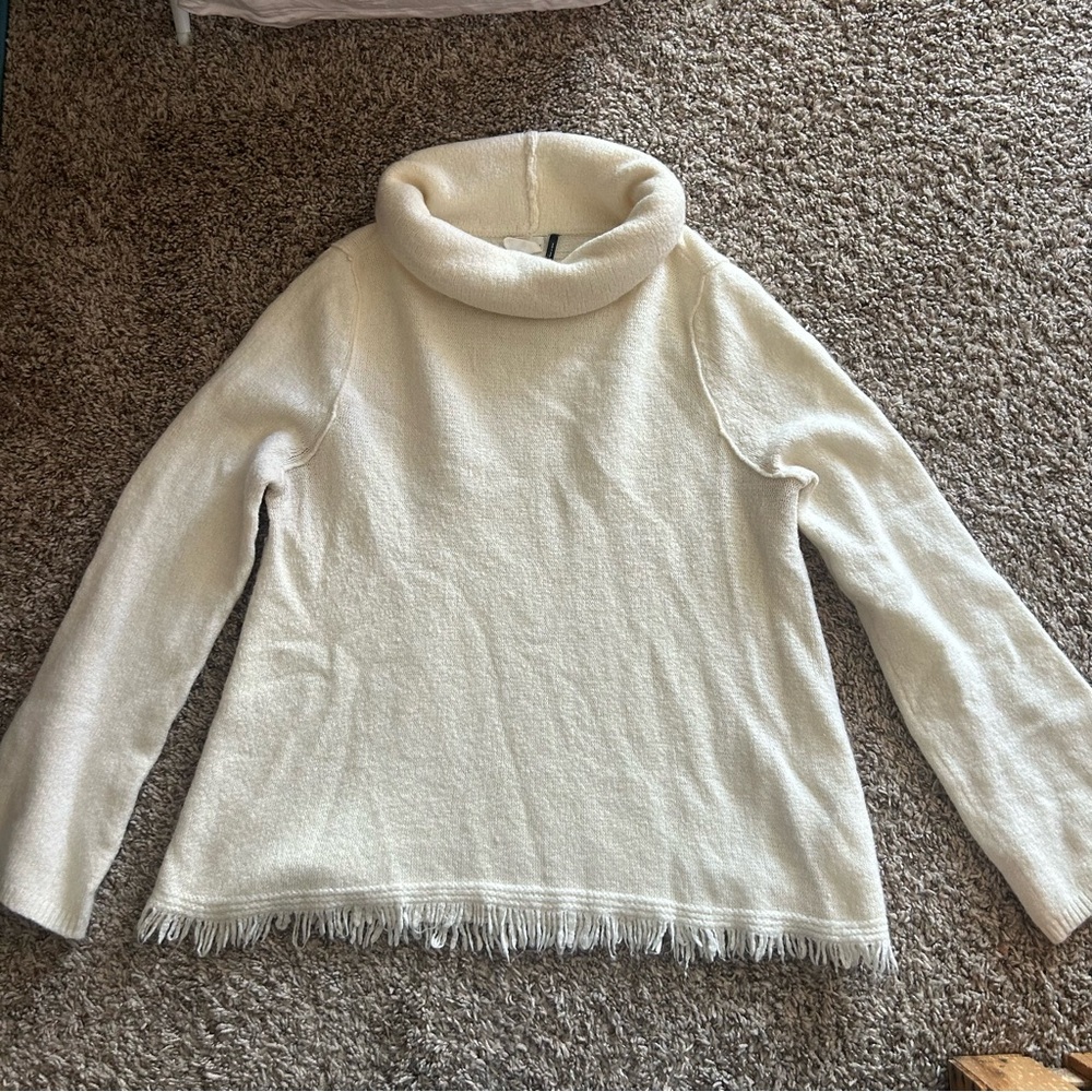 Anthropologie Akemi & Kin Cream Cowl Neck Sweater with Fringe Hem
